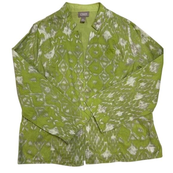 CHICO'S Green White Open Cardigan Shacket Pockets Ikat Women's Size 3 LARGE - Picture 2 of 12
